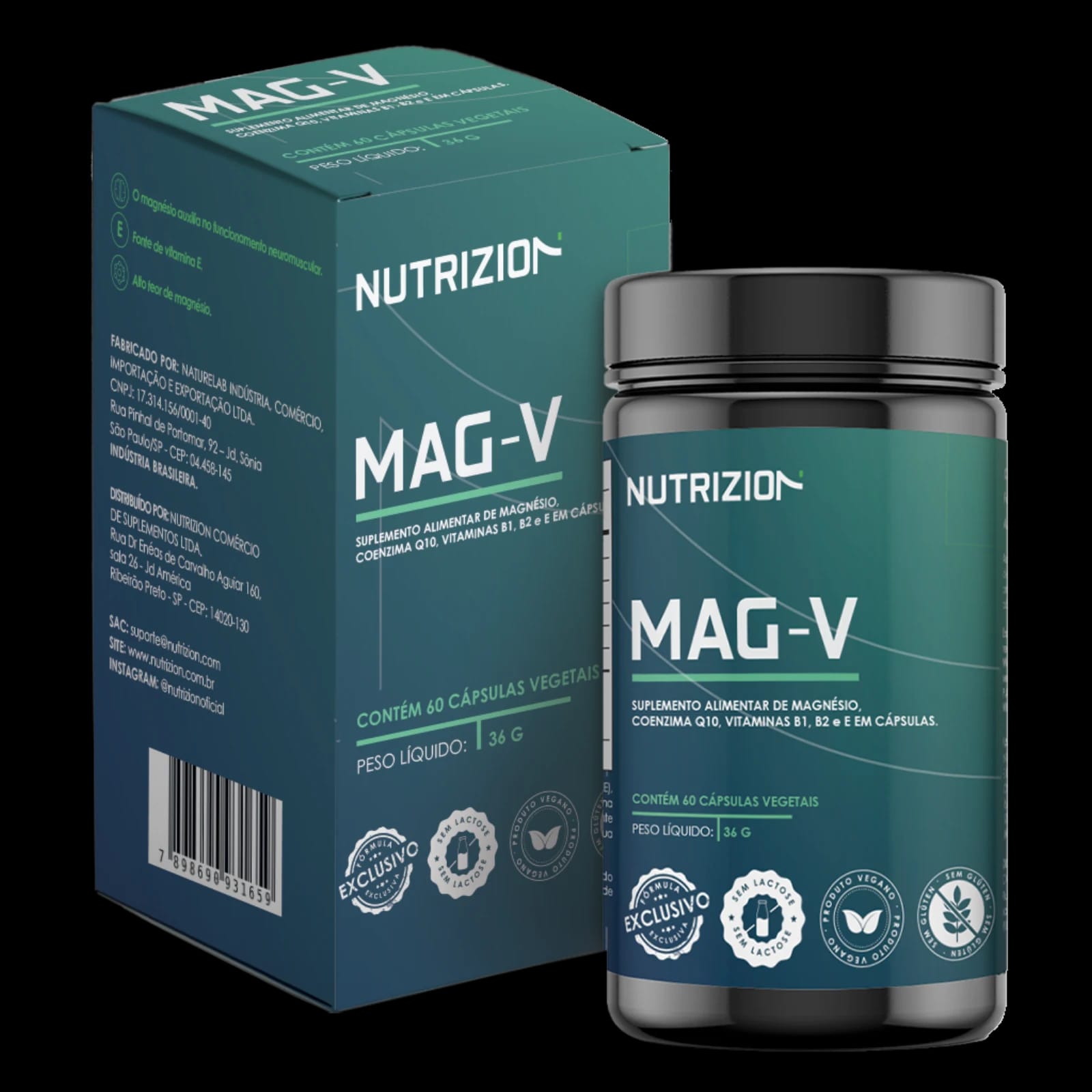 MAG-V — frasco com 60 cápsulas vegetais e cartucho oficial Nutrizion