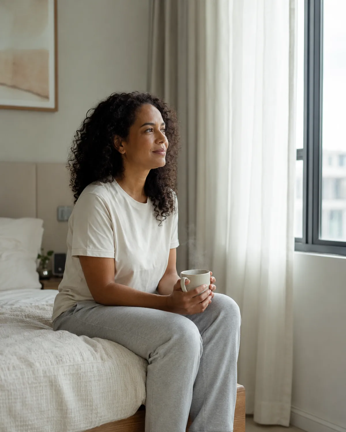 Mulher sentada na beira da cama com caneca, olhando pela janela em um momento contemplativo