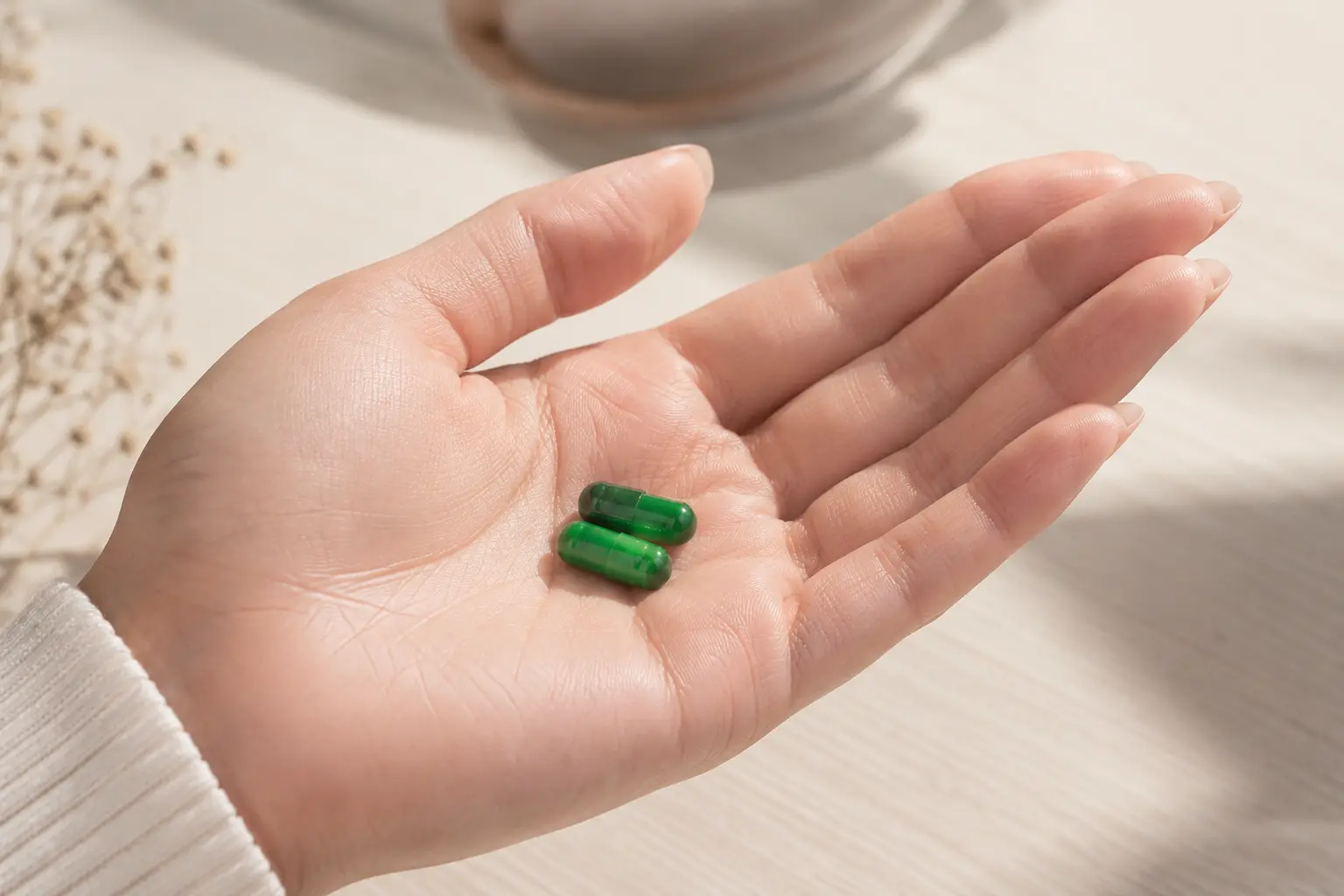 Mão segurando duas cápsulas verdes Calmind — a dose diária
