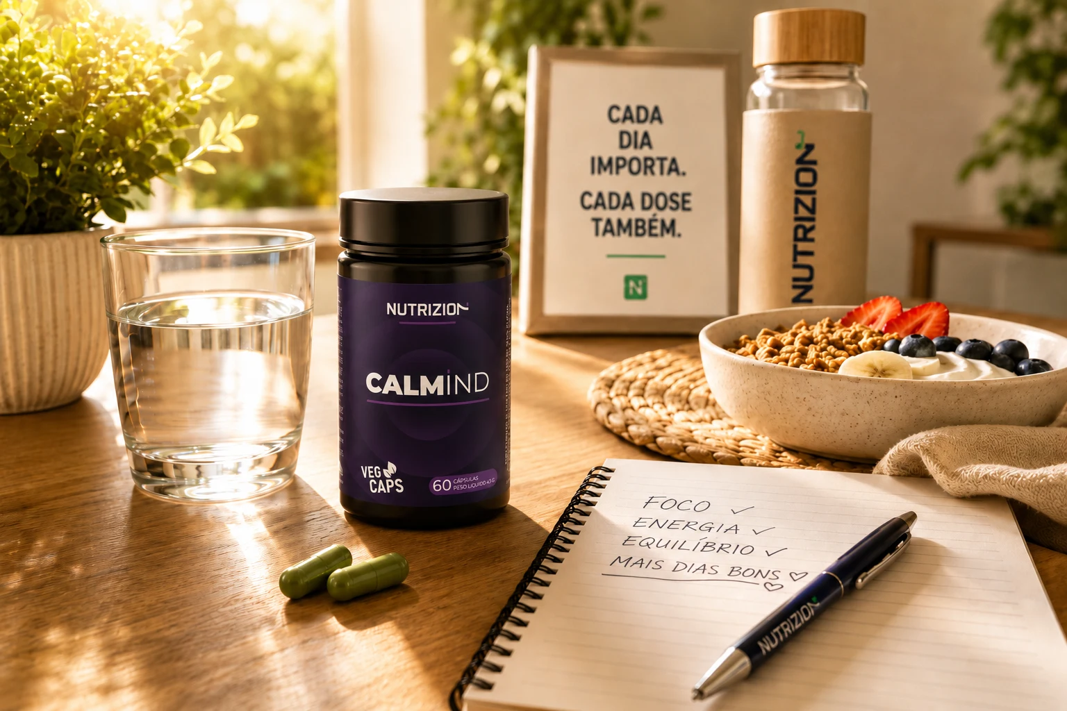 Calmind na rotina diurna: café da manhã, cápsulas verdes e checklist de bem-estar