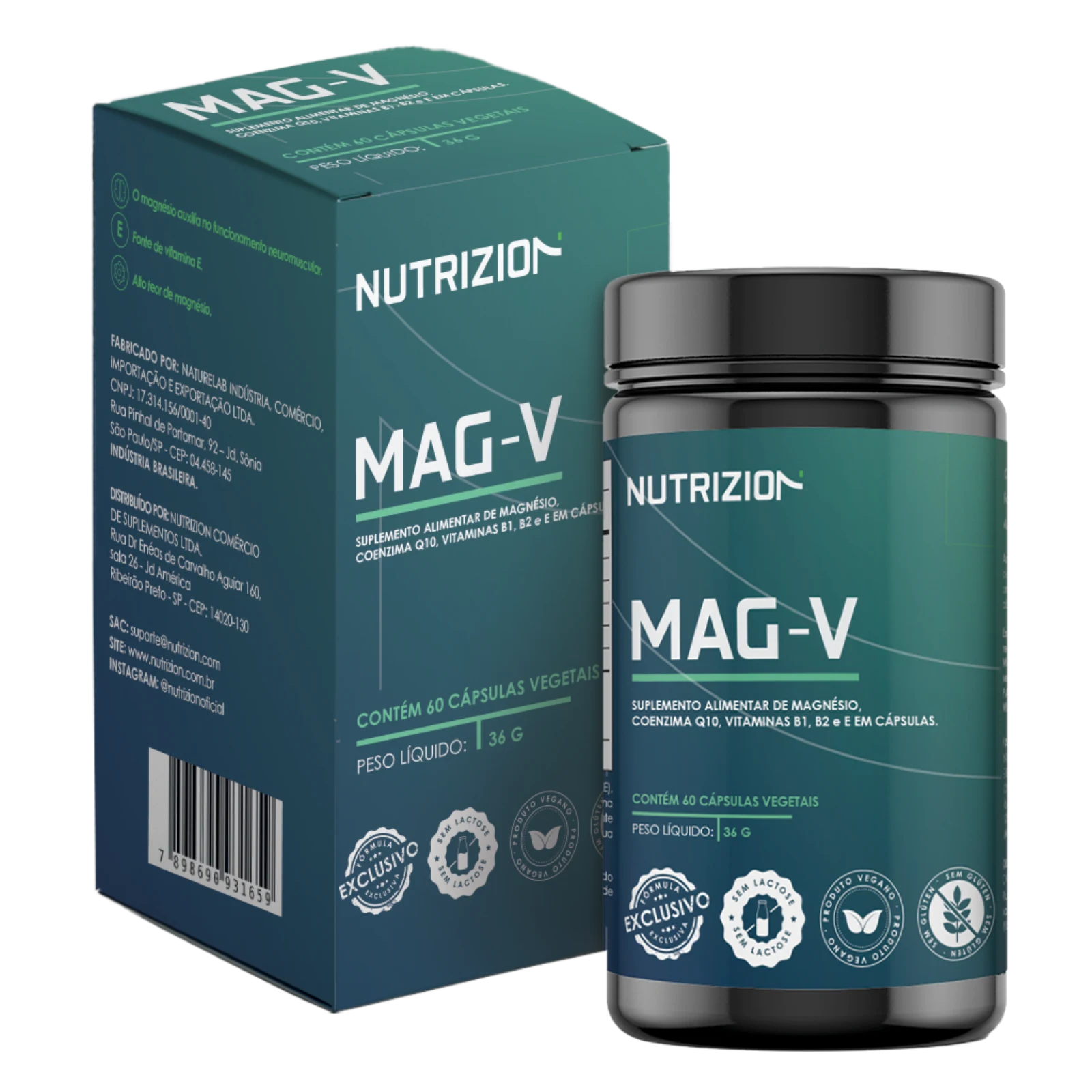 MAG-V — frasco com 60 cápsulas vegetais e cartucho oficial Nutrizion